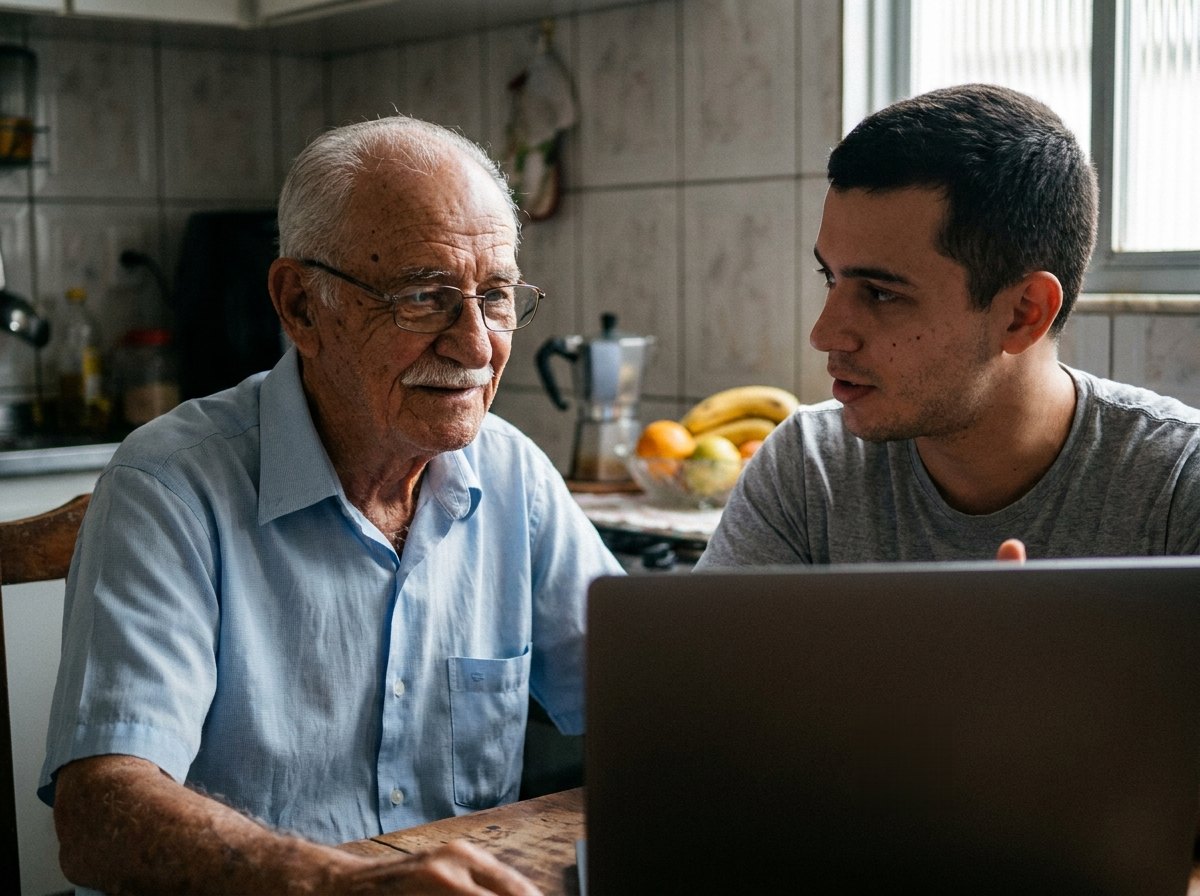 Avô e neto conversando na mesa da cozinha, em frente a um notebook