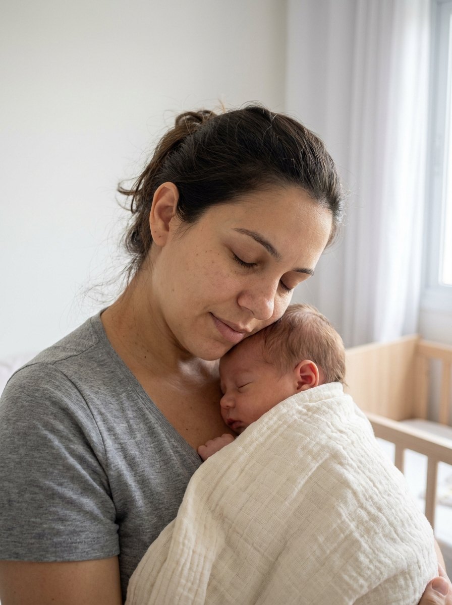 Mãe de olhos fechados com o bebê recém-nascido no colo